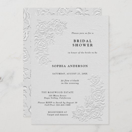 Faux Embossed White Roses Bridal Shower Invitation Kaart (Voorkant / Achterkant)