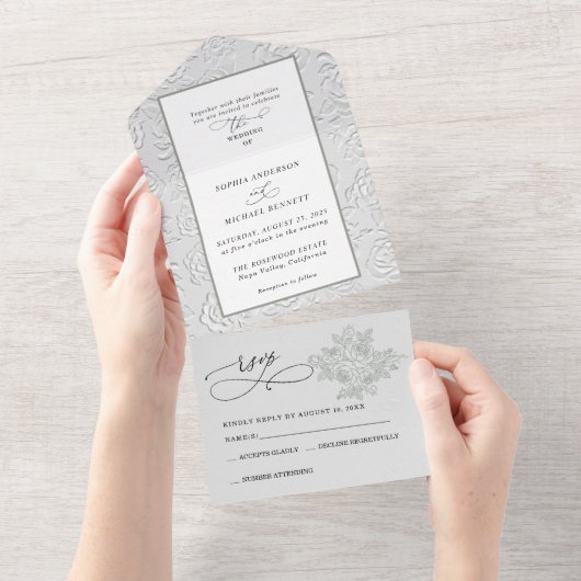 Faux Embossed White Roses Wedding  All In One Uitnodiging (Afscheurbaar)