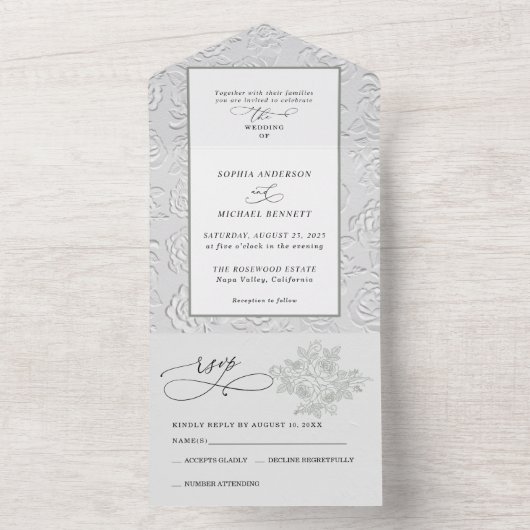 Faux Embossed White Roses Wedding  All In One Uitnodiging (Binnen)