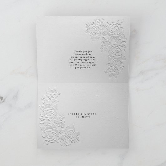 Faux Embossed White Roses Wedding  Bedankkaart (Binnen)