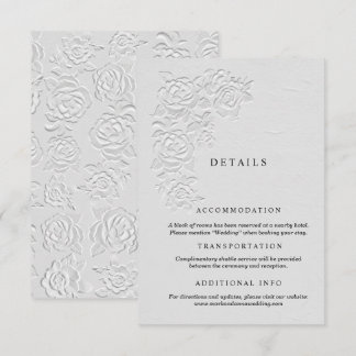 Faux Embossed White Roses Wedding Details Card Informatiekaartje