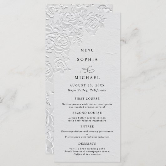 Faux Embossed White Roses Wedding Flat Menu (Voorkant / Achterkant)