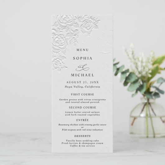 Faux Embossed White Roses Wedding Flat Menu (Staand voorkant)
