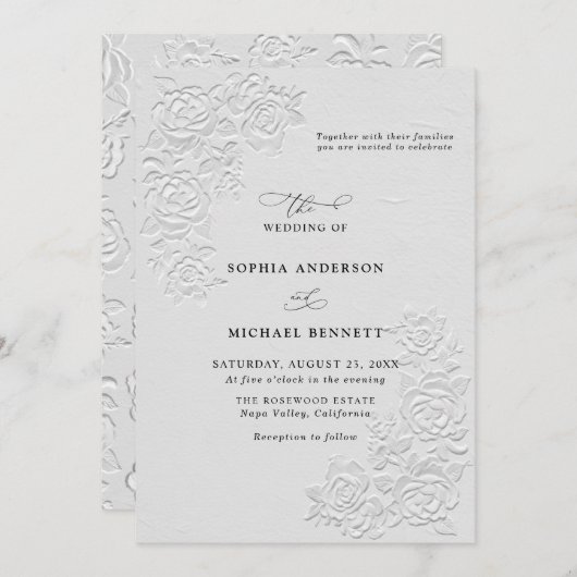 Faux Embossed White Roses Wedding Invitation Kaart (Voorkant / Achterkant)