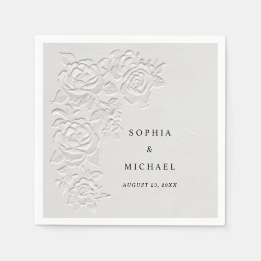 Faux Embossed White Roses Wedding Napkins Servet (Voorkant)