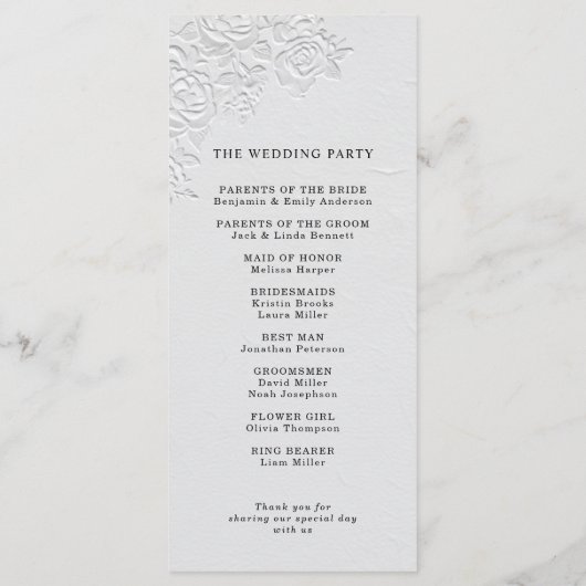 Faux Embossed White Roses Wedding Program Programmakaart (Achterkant)