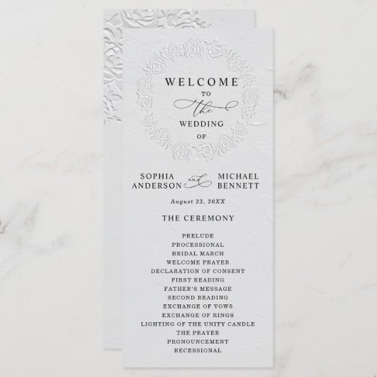 Faux Embossed White Roses Wedding Program Programmakaart (Voorkant / Achterkant)