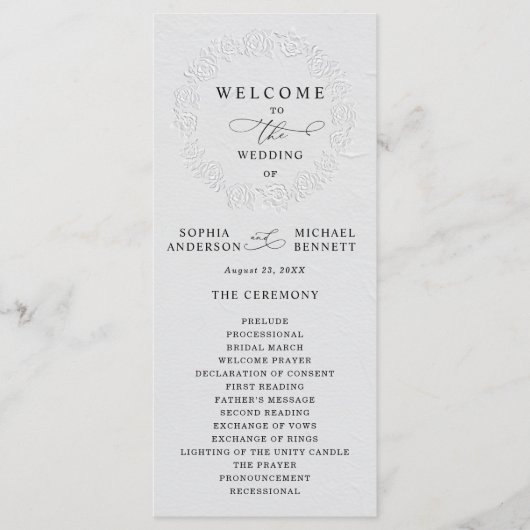 Faux Embossed White Roses Wedding Program Programmakaart (Voorkant)