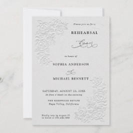 Faux Embossed White Roses Wedding Rehearsal Dinner Kaart