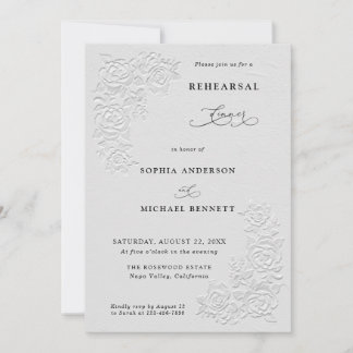 Faux Embossed White Roses Wedding Rehearsal Dinner Kaart