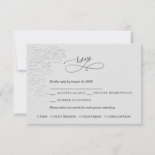 Faux Embossed White Roses Wedding RSVP Card (Voorkant)