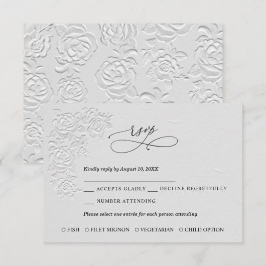 Faux Embossed White Roses Wedding RSVP Card Kaartje (Voorkant / Achterkant)