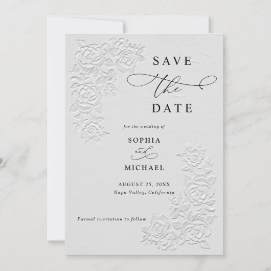 Faux Embossed White Roses Wedding Save the Date  Kaart (Voorkant)
