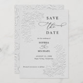 Faux Embossed White Roses Wedding Save the Date  Kaart (Voorkant / Achterkant)