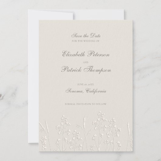 Faux Embossed Wildflowers Ecru Formele bruiloft Save The Date (Voorkant)