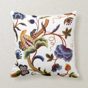 Faux Embroidery - Blue Jacobean Crewel Embroidery Kussen