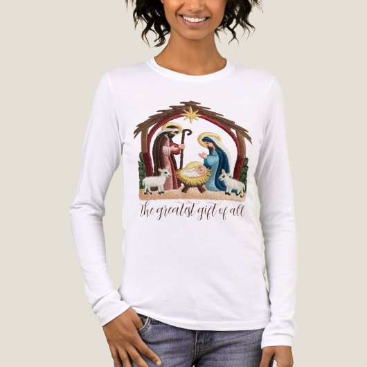 Faux Embroidery Nativity Religious Christmas  Tri-Blend Shirt (Voorkant volledig)