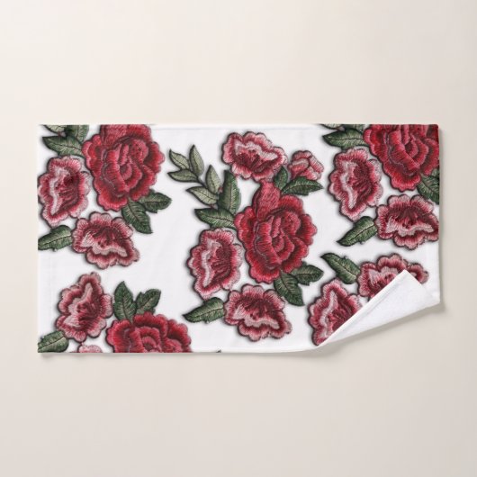Faux Embroidery Red Roses Floral Roos Pattern Bad Handdoek (Handdoek)