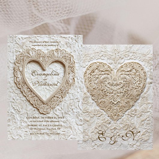 Faux Embroidery Timeless Lace Heart Formal Wedding Kaart