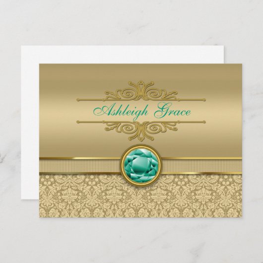Faux Emerald Gemstone Metallic Shiny Gold Damask Briefkaart (Voorkant / Achterkant)