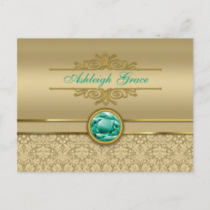 Faux Emerald Gemstone Metallic Shiny Gold Damask Briefkaart
