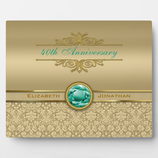 Faux Emerald Gemstone Metallic Shiny Gold Damask Fotoplaat (Voorkant)