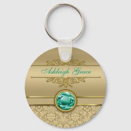 Faux Emerald Gemstone Metallic Shiny Gold Damask Sleutelhanger