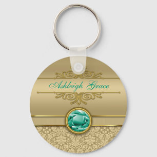 Faux Emerald Gemstone Metallic Shiny Gold Damask Sleutelhanger