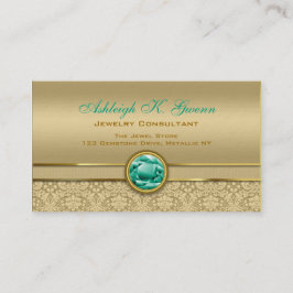 Faux Emerald Green Gemstone Metallic Gold Damask Visitekaartje