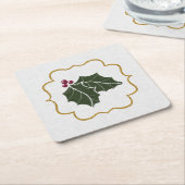 Faux Felt and Gold Glitter Holly Leaves Berries Kartonnen Onderzetters (Schuin)