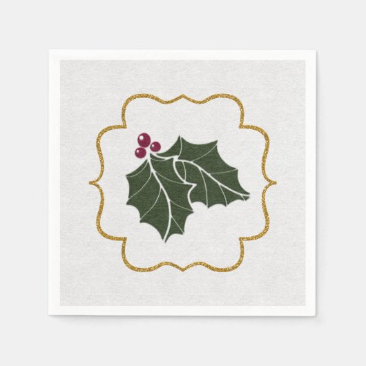 Faux Felt and Gold Glitter Holly Leaves Berries Servet (Voorkant)