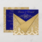 FAUX FLAPS Blauw, Goud Damask Jubileum Uitnodigen Kaart (Voorkant / Achterkant)