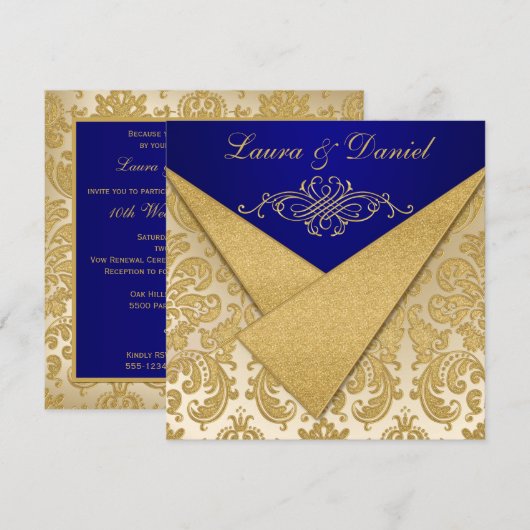 FAUX FLAPS Blauw, Goud Damask Jubileum Uitnodigen Kaart (Voorkant / Achterkant)