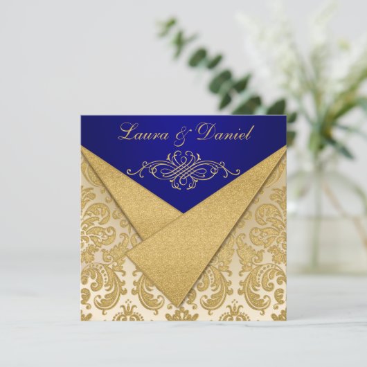 FAUX FLAPS Blauw, Goud Damask Jubileum Uitnodigen Kaart (Staand voorkant)