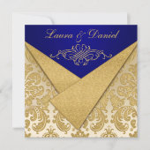 FAUX FLAPS Blauw, Goud Damask Jubileum Uitnodigen Kaart (Voorkant)