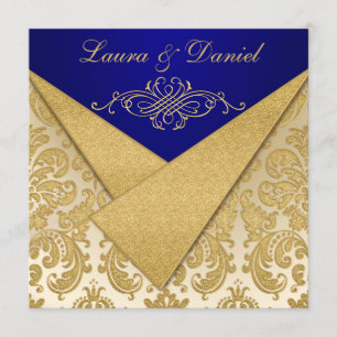 FAUX FLAPS Blauw, Goud Damask Jubileum Uitnodigen Kaart