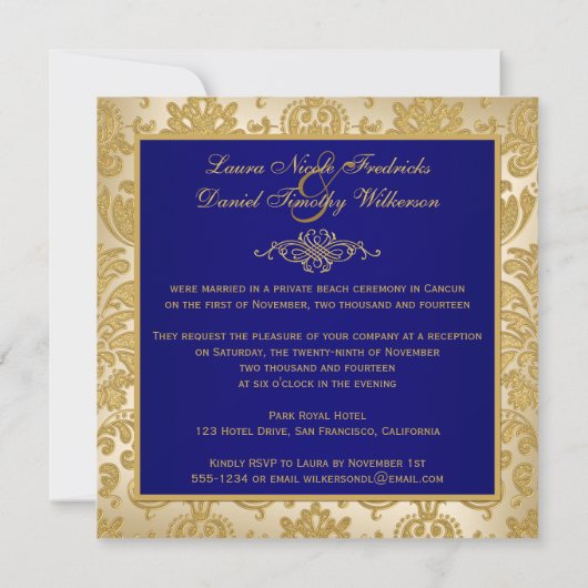 FAUX FLAPS Blauw, Gouden Damast Receptie Uitnodige Kaart (Achterkant)