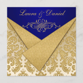FAUX FLAPS Blauw, Gouden Damast Receptie Uitnodige Kaart
