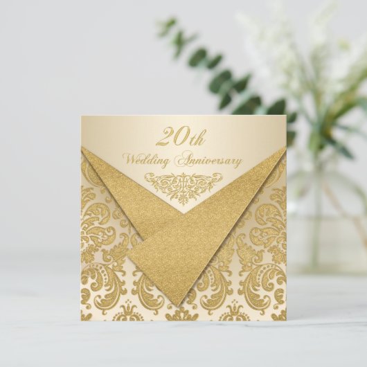 FAUX Flaps Damask 20e Jubileum Uitnodiging (Staand voorkant)
