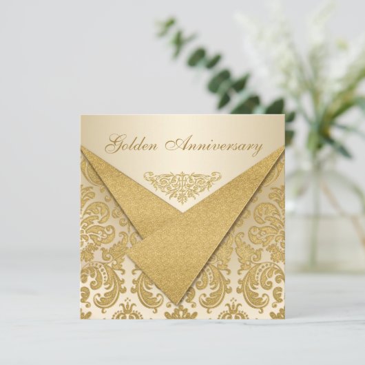 FAUX Flaps Damask 50th Jubileum Uitnodiging (Staand voorkant)