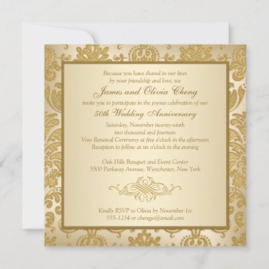 FAUX Flaps Gold Damask 50e Jubileum Uitnodiging (Achterkant)
