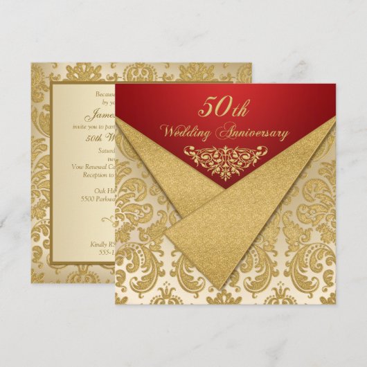 FAUX Flaps Gold Damask 50th Anniversary Uitnodigin Kaart (Voorkant / Achterkant)