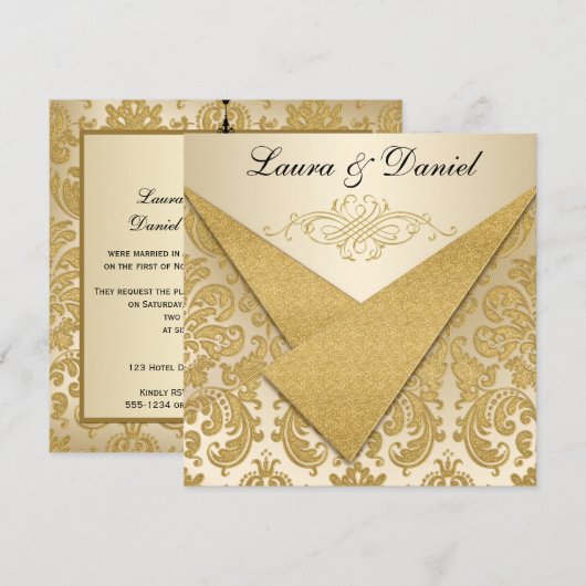 FAUX FLAPS Gold Damask Chandelier Reception nodigt Kaart (Voorkant / Achterkant)