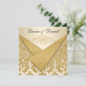 FAUX FLAPS Gold Damask Chandelier Reception nodigt Kaart (Staand voorkant)