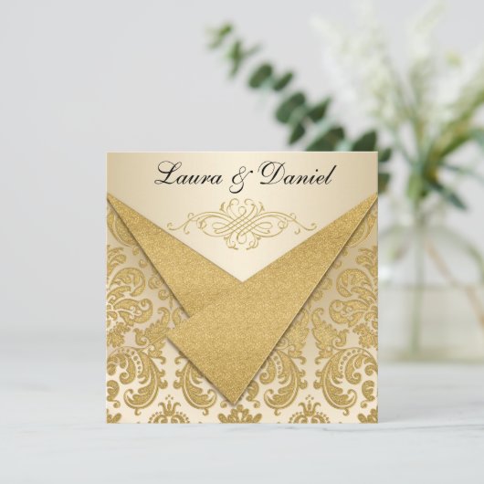 FAUX FLAPS Gold Damask Chandelier Reception nodigt Kaart (Staand voorkant)