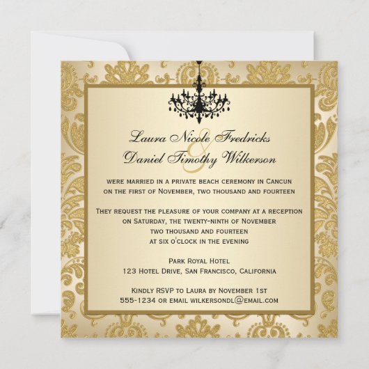 FAUX FLAPS Gold Damask Chandelier Reception nodigt Kaart (Achterkant)