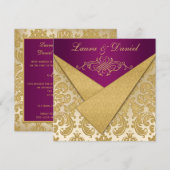FAUX FLAPS Paars, Gold Damask Reception nodigt uit Kaart (Voorkant / Achterkant)