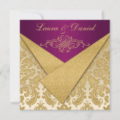FAUX FLAPS Paars, Gold Damask Reception nodigt uit Kaart (Voorkant)