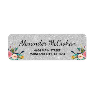 Faux Floral Silver Glitter Foil Return Address Etiket