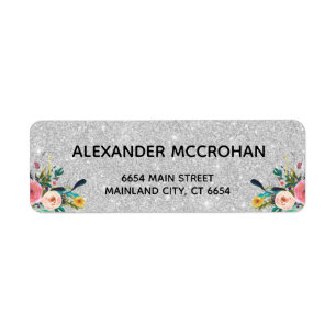 Faux Floral Silver Glitter Foil Return Address Etiket